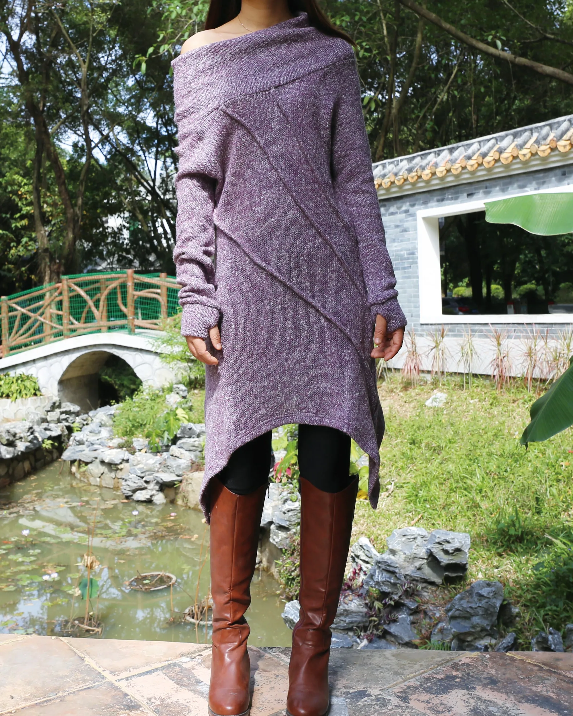 women's tunic dress/long sweater/sweater dress/wool tunic dress/off shoulder sweater/long sleeve top with thumbholes/knit tunic top for leggings(Q5115H)