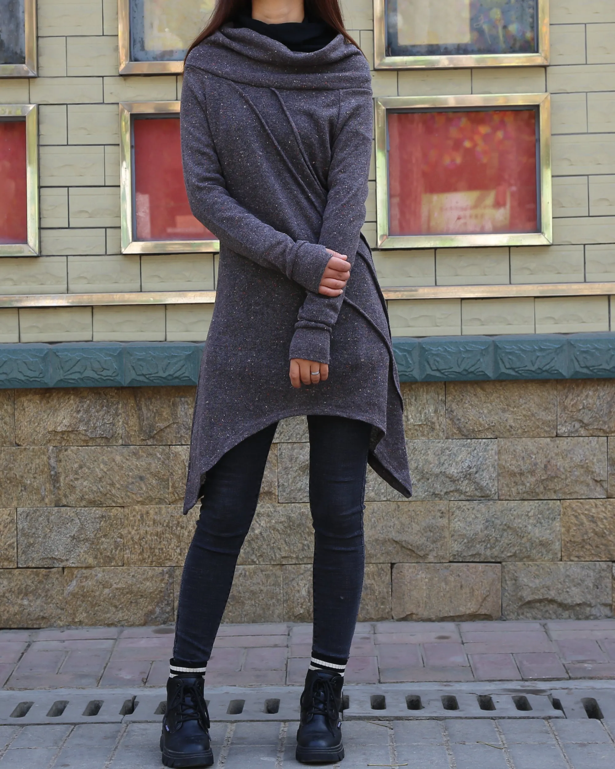 women's wool tunic dress/off shoulder sweater dress/long sleeve top with thumbholes/knit tunic top for leggings(Q5115)