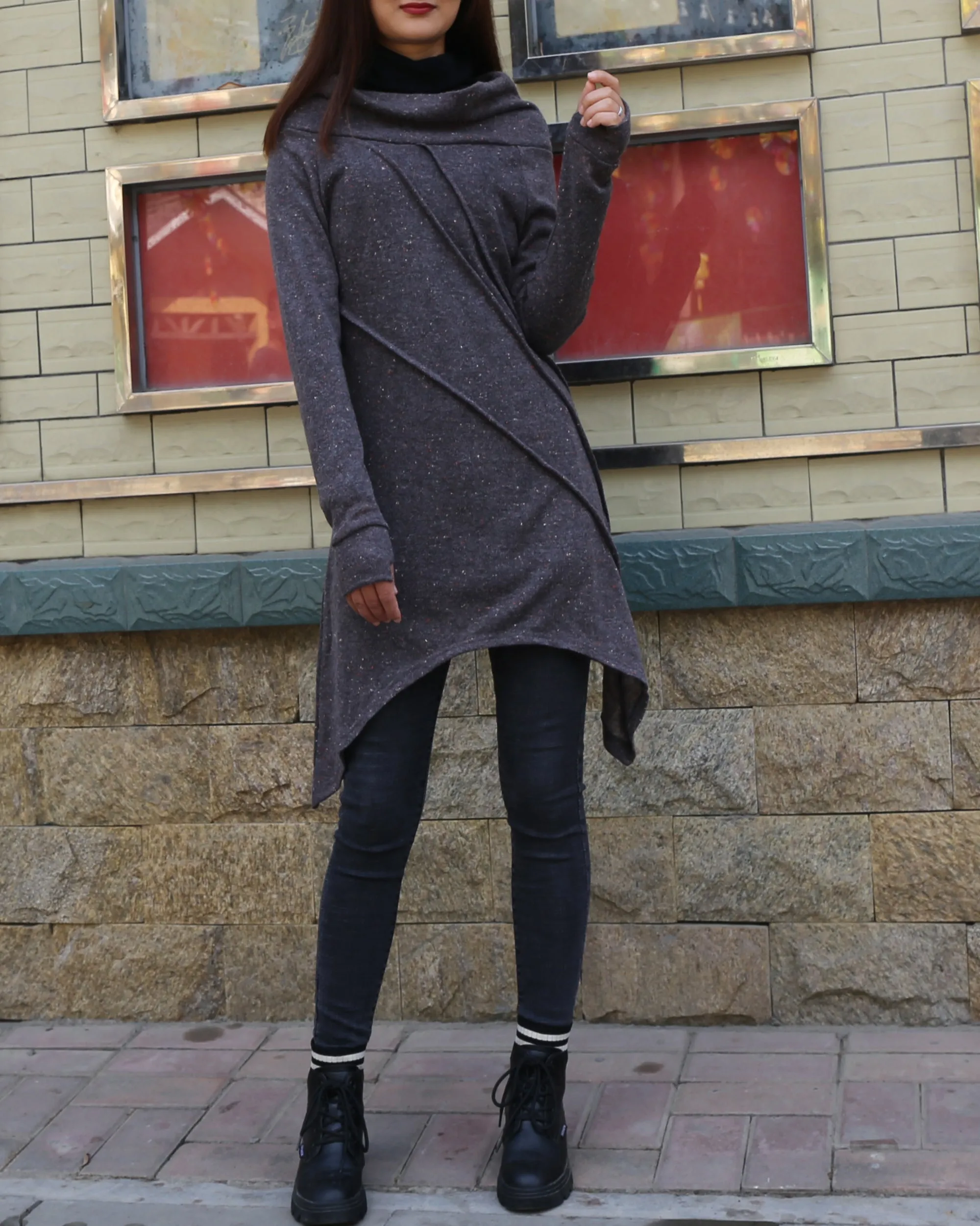 women's wool tunic dress/off shoulder sweater dress/long sleeve top with thumbholes/knit tunic top for leggings(Q5115)