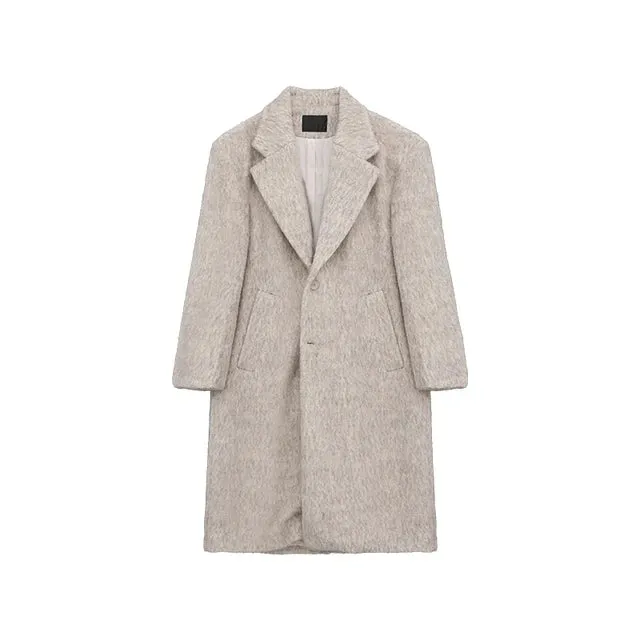 Woolen Turn-Down Collar Knee Length Pockets Coat